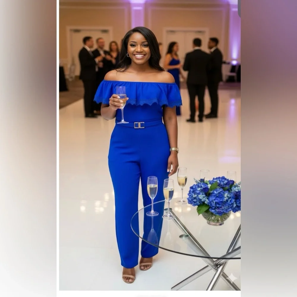Chic Royal Blue Off-Shoulder Jumpsuit - Picture 1 of 3